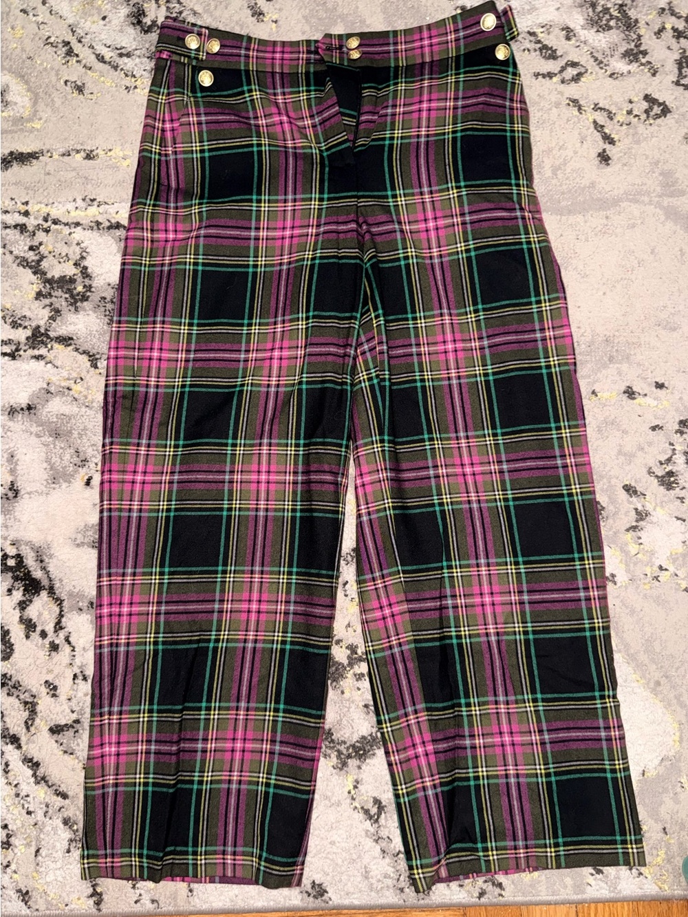 J. Crew Black Plaid Pull-On Pants with Pink & Green Stripes